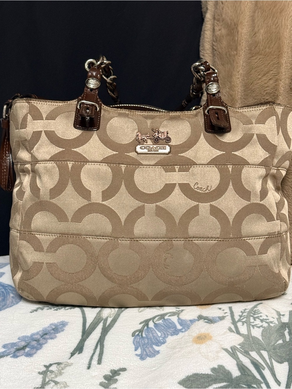 Coach Madison Tribeca Op Art Sateen Tote Chain Strap Bag Brown Khaki 14133